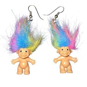 Russ Good Luck Troll Dangle Earrings Rainbow Hair Vintage